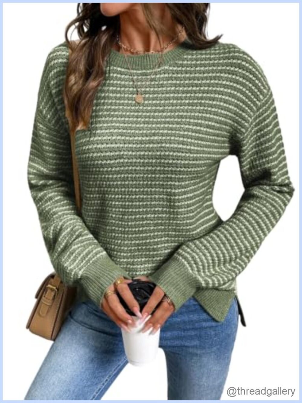 Women's Long Sleeve Crewneck Striped Side Split Pullover Sweater
